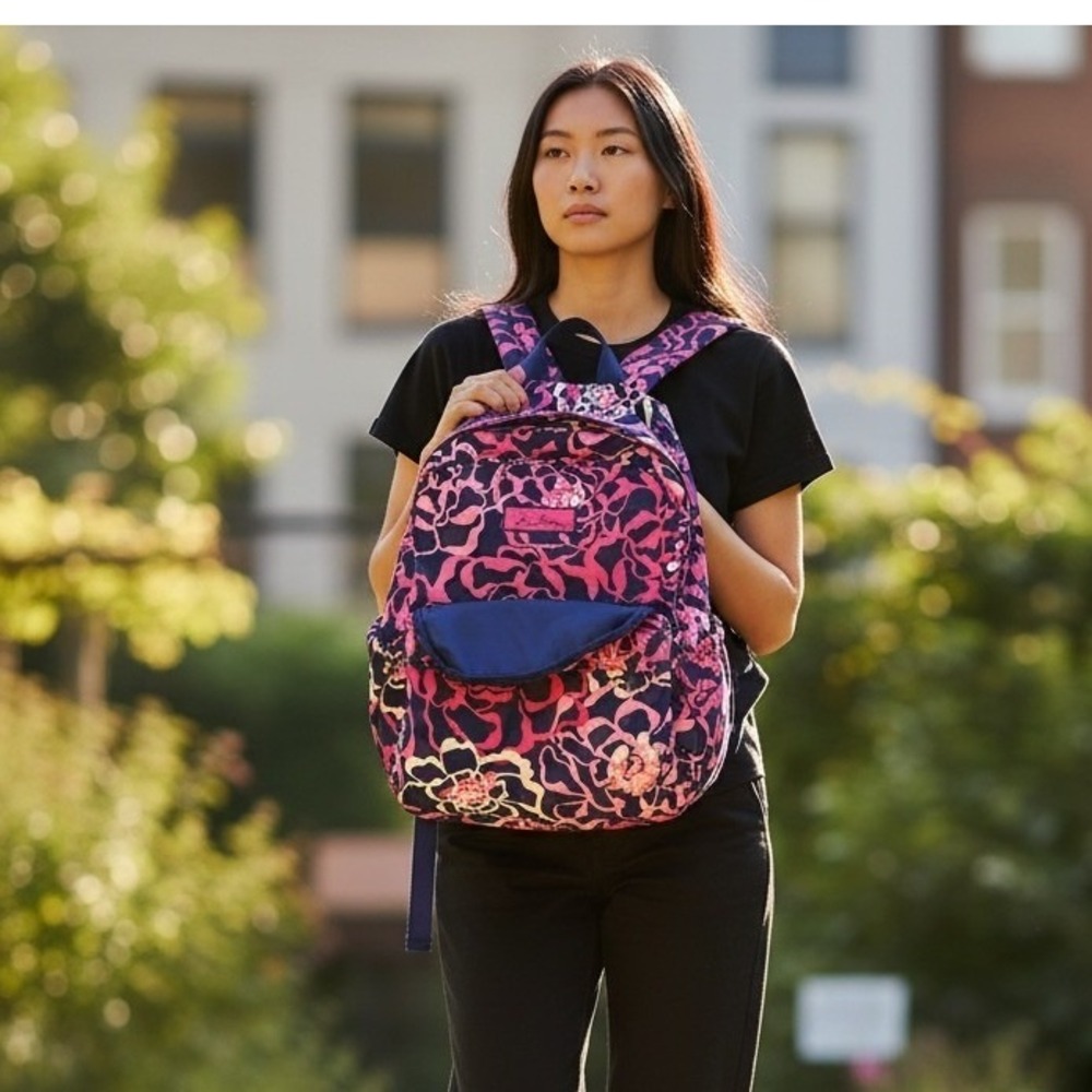 Vera Bradley Lighten Up Grand Backpack Pink Navy Floral Water Repellent Bag